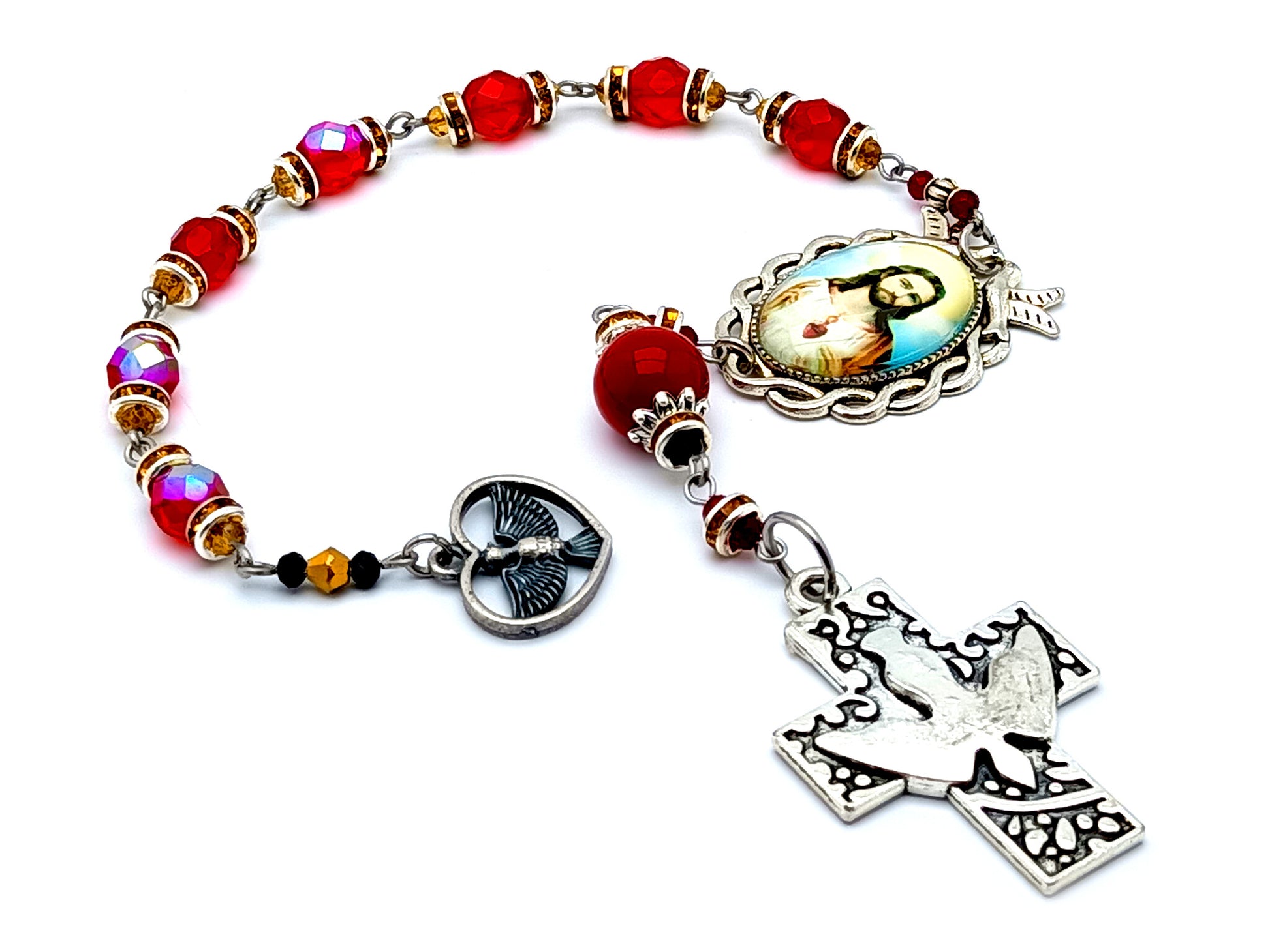 Holy Spirit unique rosary beads prayer chaplet with Sacred Heart of Jesus medal and Holy Spirit cross and medal with jasper gemstone prayer bead.