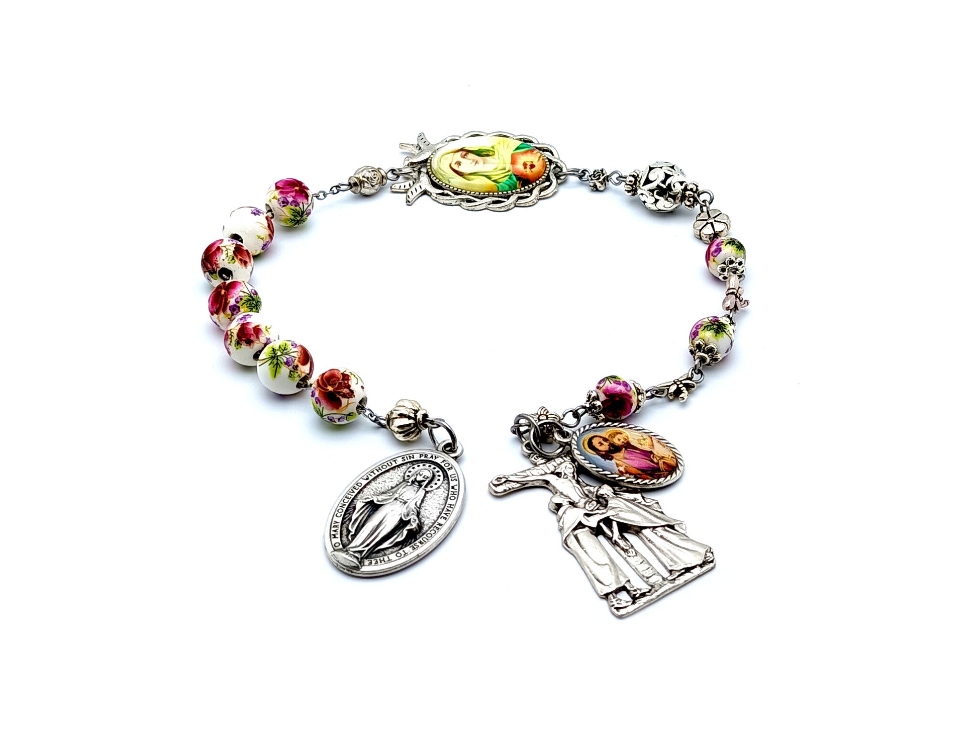 Our Lady of Sorrows Servite unique rosary beads dolor prayer chaplet beads with Miraculous medal and Saint Joseph medal and Saint John and Mary crucifix.