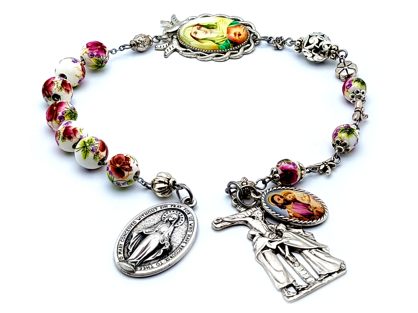 Our Lady of Sorrows Servite unique rosary beads dolor prayer chaplet beads with Miraculous medal and Saint Joseph medal and Saint John and Mary crucifix.