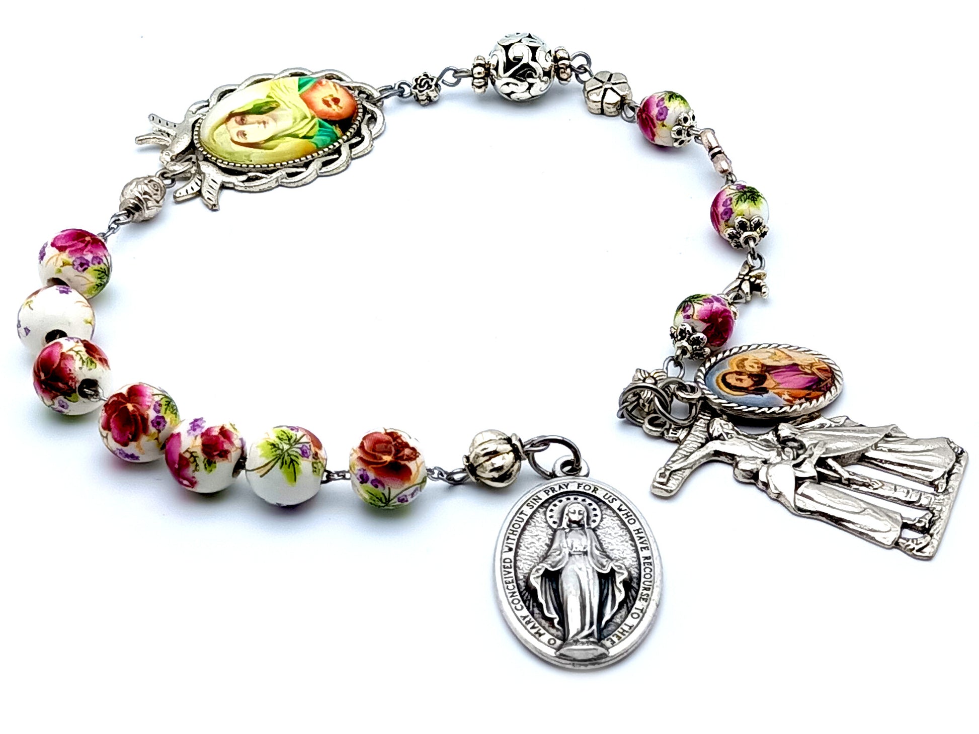 Our Lady of Sorrows Servite unique rosary beads dolor prayer chaplet beads with Miraculous medal and Saint Joseph medal and Saint John and Mary crucifix.