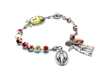 Our Lady of Sorrows Servite unique rosary beads dolor prayer chaplet beads with Miraculous medal and Saint Joseph medal and Saint John and Mary crucifix.