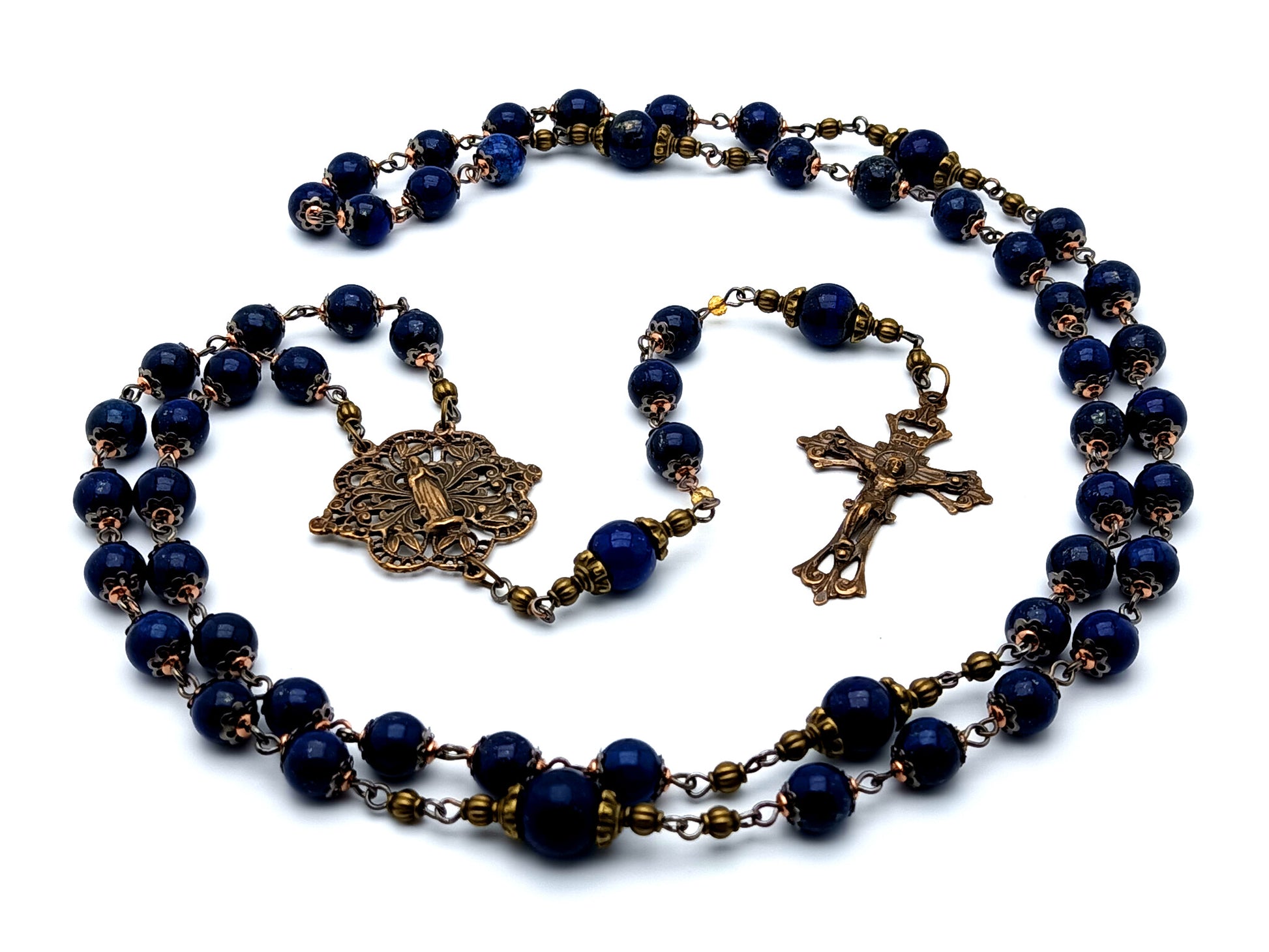 Heirloom vintage style Virgin Mary unique rosary beads lapis lazuli gemstone rosary beads with filigree brass crucifix and Blessed Mother center medal.