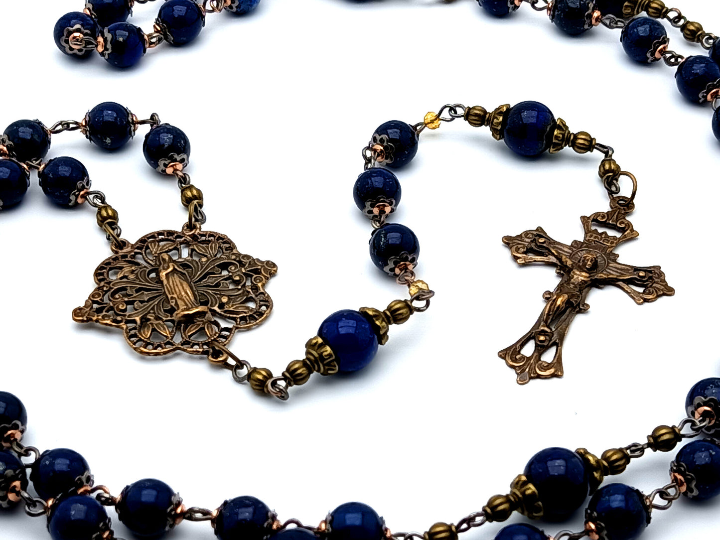 Heirloom vintage style Virgin Mary unique rosary beads lapis lazuli gemstone rosary beads with filigree brass crucifix and Blessed Mother center medal.