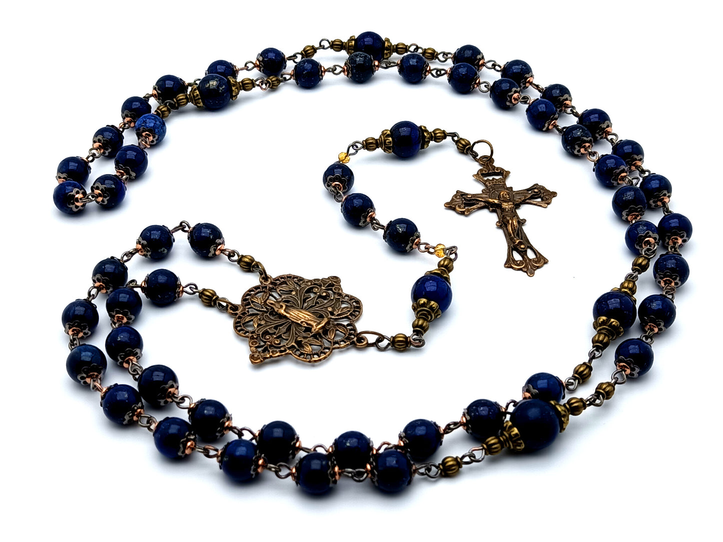 Heirloom vintage style Virgin Mary unique rosary beads lapis lazuli gemstone rosary beads with filigree brass crucifix and Blessed Mother center medal.