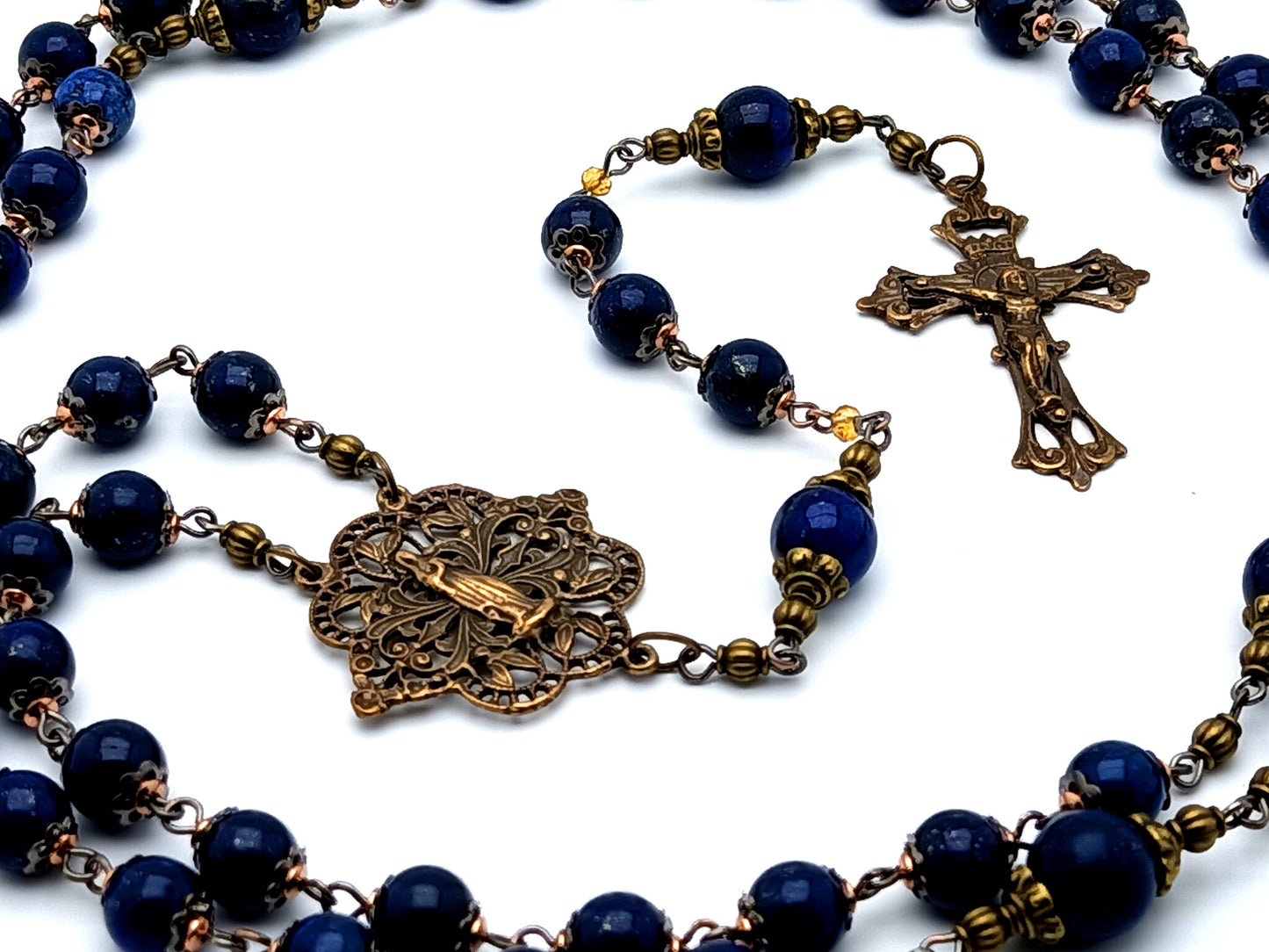 Heirloom vintage style Virgin Mary unique rosary beads lapis lazuli gemstone rosary beads with filigree brass crucifix and Blessed Mother center medal.