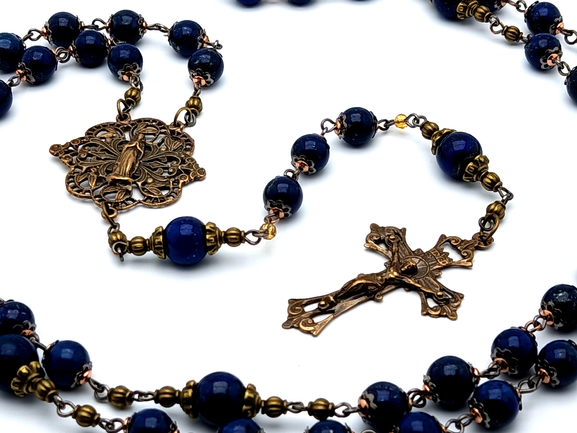 Heirloom vintage style Virgin Mary unique rosary beads lapis lazuli gemstone rosary beads with filigree brass crucifix and Blessed Mother center medal.