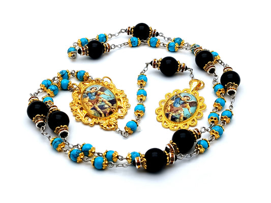 Saint Michael unique rosary beads turquoise gemstone prayer chaplet with onyx meditation beads and Saint Michael domed picture medal.