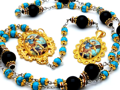 Saint Michael unique rosary beads turquoise gemstone prayer chaplet with onyx meditation beads and Saint Michael domed picture medal.