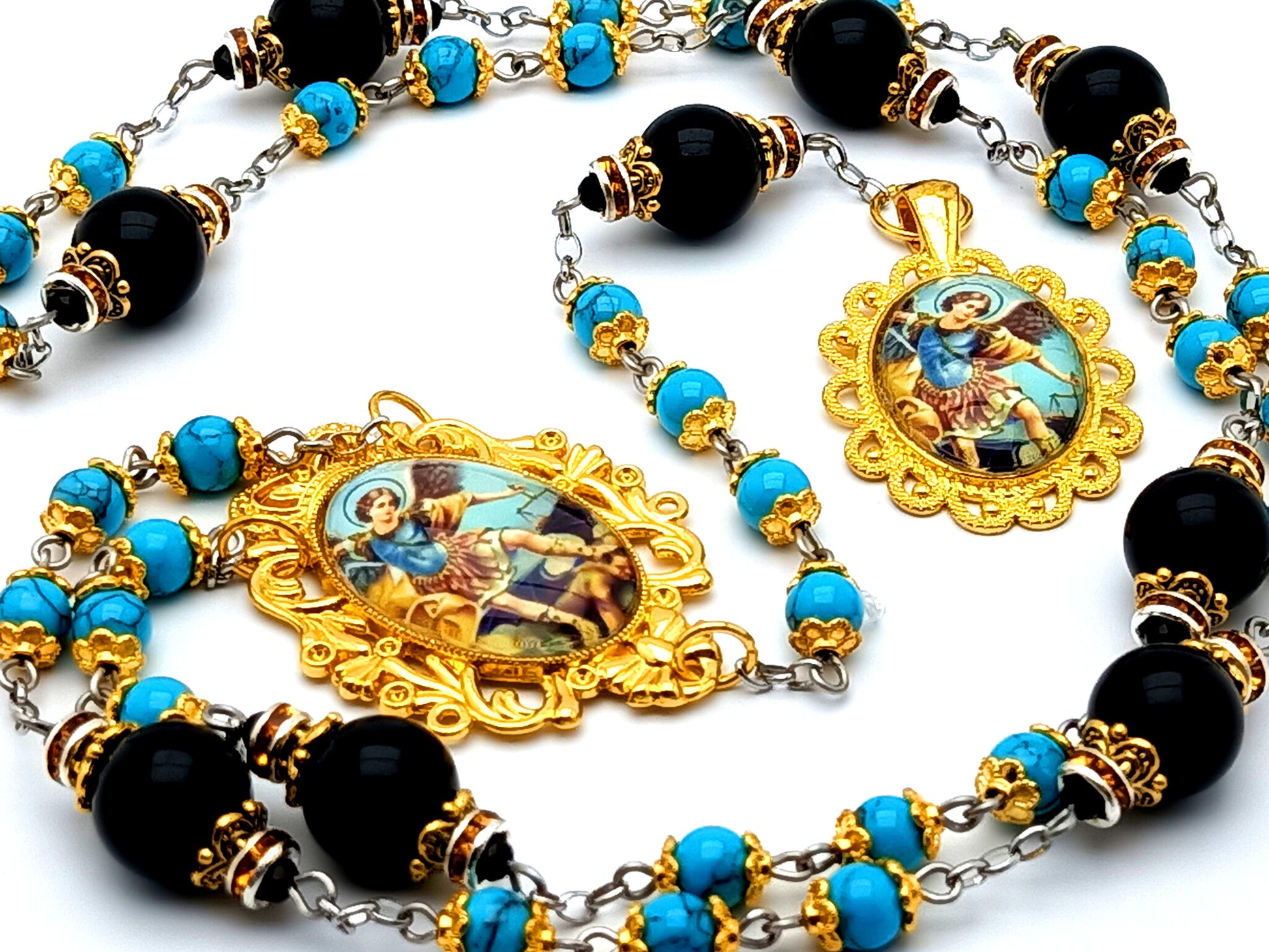 Saint Michael unique rosary beads turquoise gemstone prayer chaplet with onyx meditation beads and Saint Michael domed picture medal.