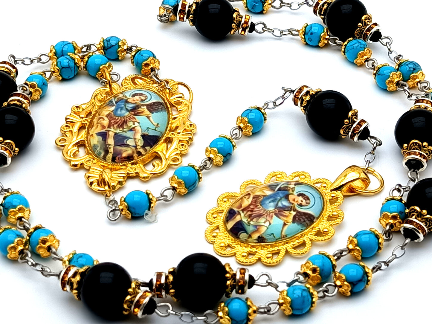 Saint Michael unique rosary beads turquoise gemstone prayer chaplet with onyx meditation beads and Saint Michael domed picture medal.