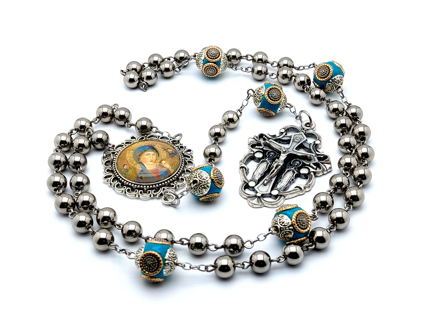 Heirloom Our Lady of Perpetual Help unique rosary beads stainless steel rosary beads with enamel Our Father beads and angel filigree crucifix.