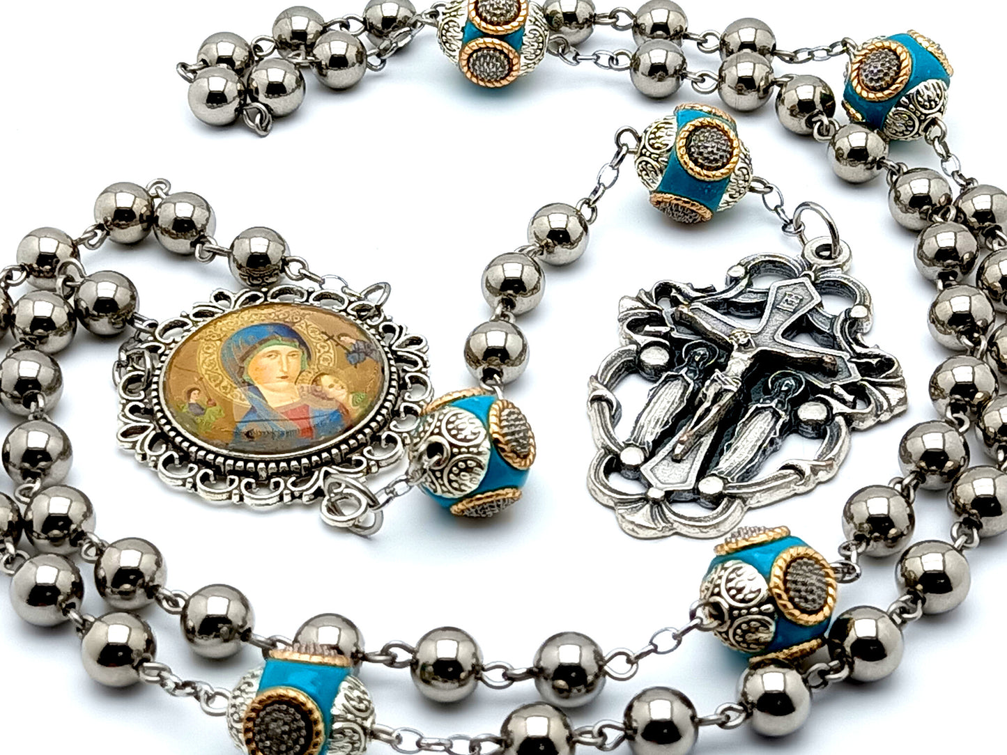 Heirloom Our Lady of Perpetual Help unique rosary beads stainless steel rosary beads with enamel Our Father beads and angel filigree crucifix.