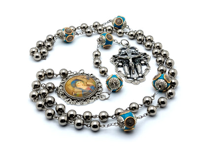 Heirloom Our Lady of Perpetual Help unique rosary beads stainless steel rosary beads with enamel Our Father beads and angel filigree crucifix.