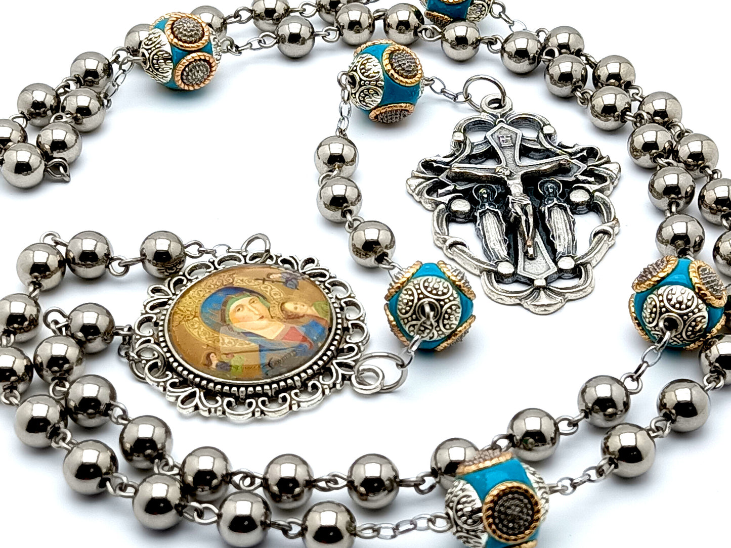 Heirloom Our Lady of Perpetual Help unique rosary beads stainless steel rosary beads with enamel Our Father beads and angel filigree crucifix.