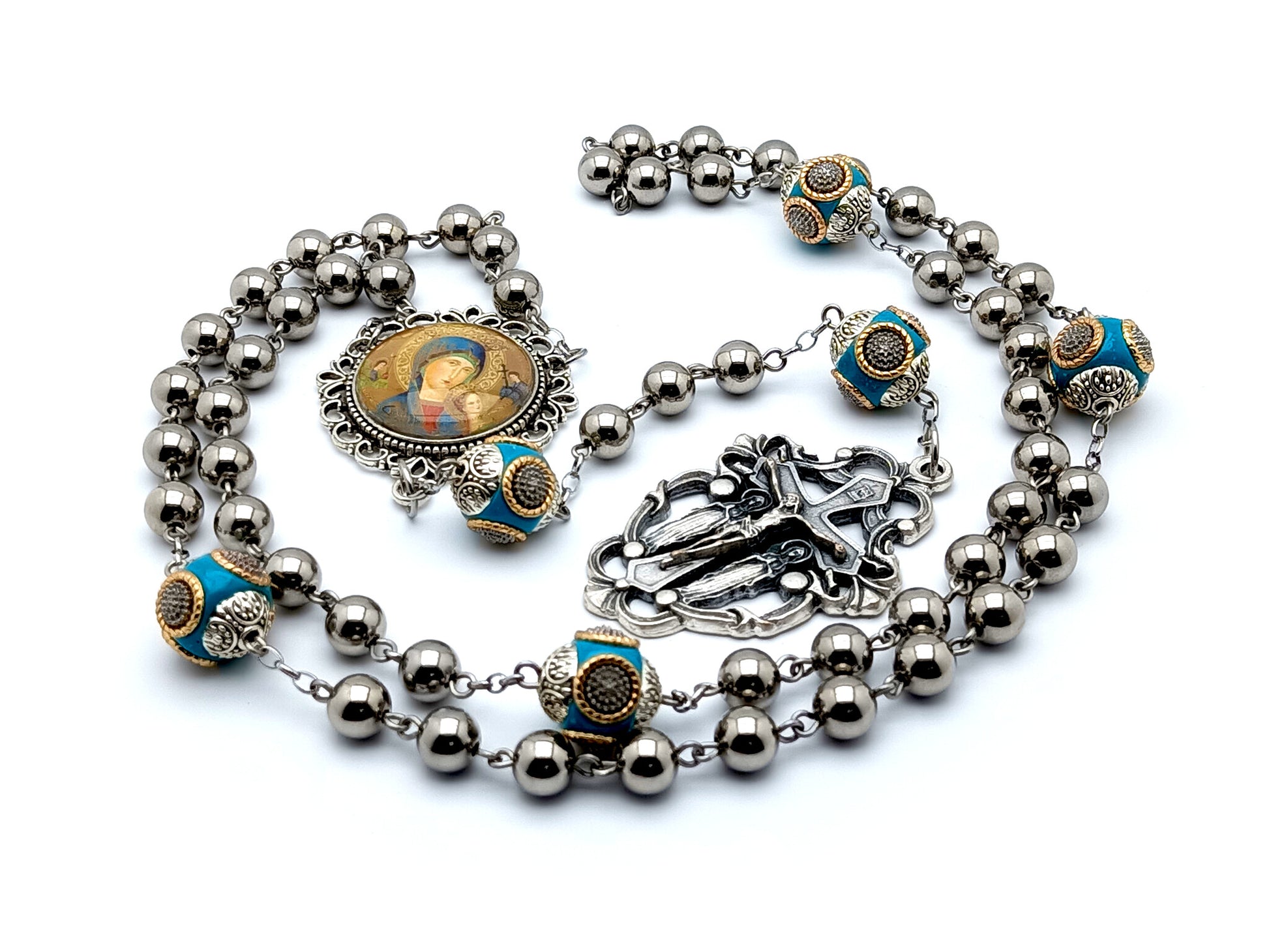 Heirloom Our Lady of Perpetual Help unique rosary beads stainless steel rosary beads with enamel Our Father beads and angel filigree crucifix.