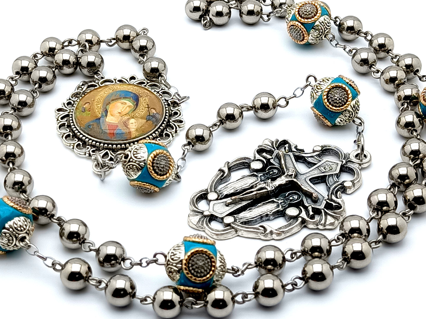 Heirloom Our Lady of Perpetual Help unique rosary beads stainless steel rosary beads with enamel Our Father beads and angel filigree crucifix.