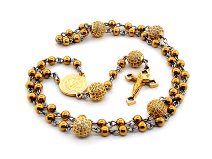 Saint Benedict unique rosary beads gold plated stainless steel rosary beads with gold plated crystal diamond Our Father beads and Saint Benedict crucifix.