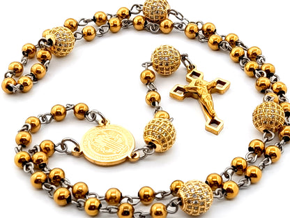 Saint Benedict unique rosary beads gold plated stainless steel rosary beads with gold plated crystal diamond Our Father beads and Saint Benedict crucifix.