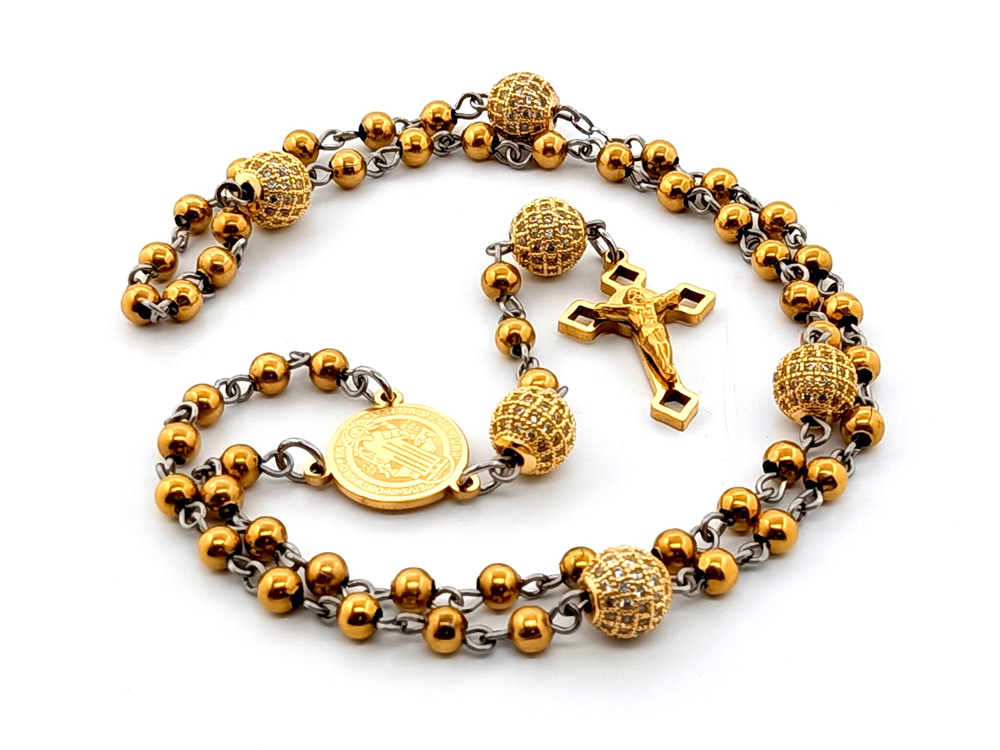 Saint Benedict unique rosary beads gold plated stainless steel rosary beads with gold plated crystal diamond Our Father beads and Saint Benedict crucifix.