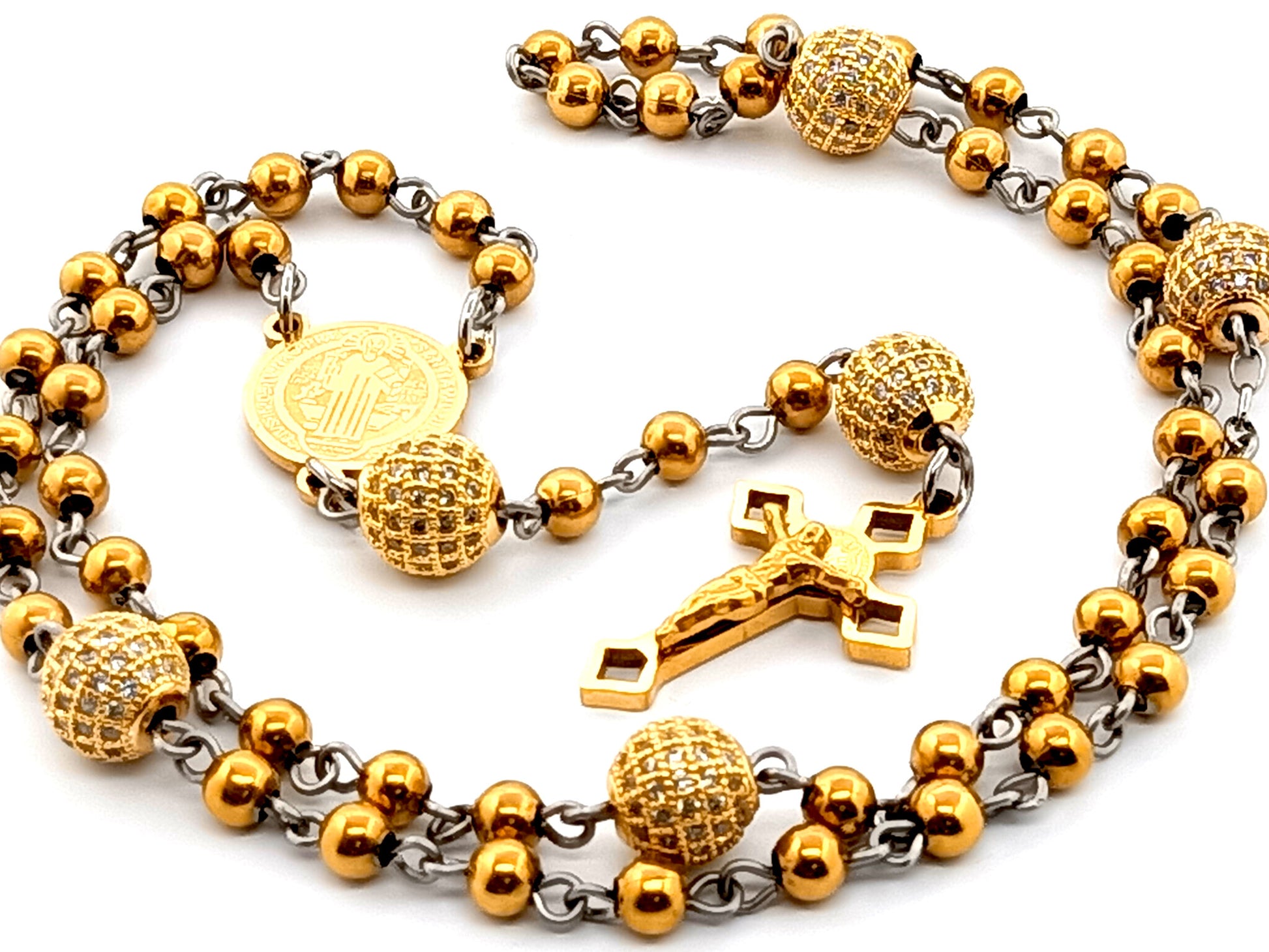 Saint Benedict unique rosary beads gold plated stainless steel rosary beads with gold plated crystal diamond Our Father beads and Saint Benedict crucifix.