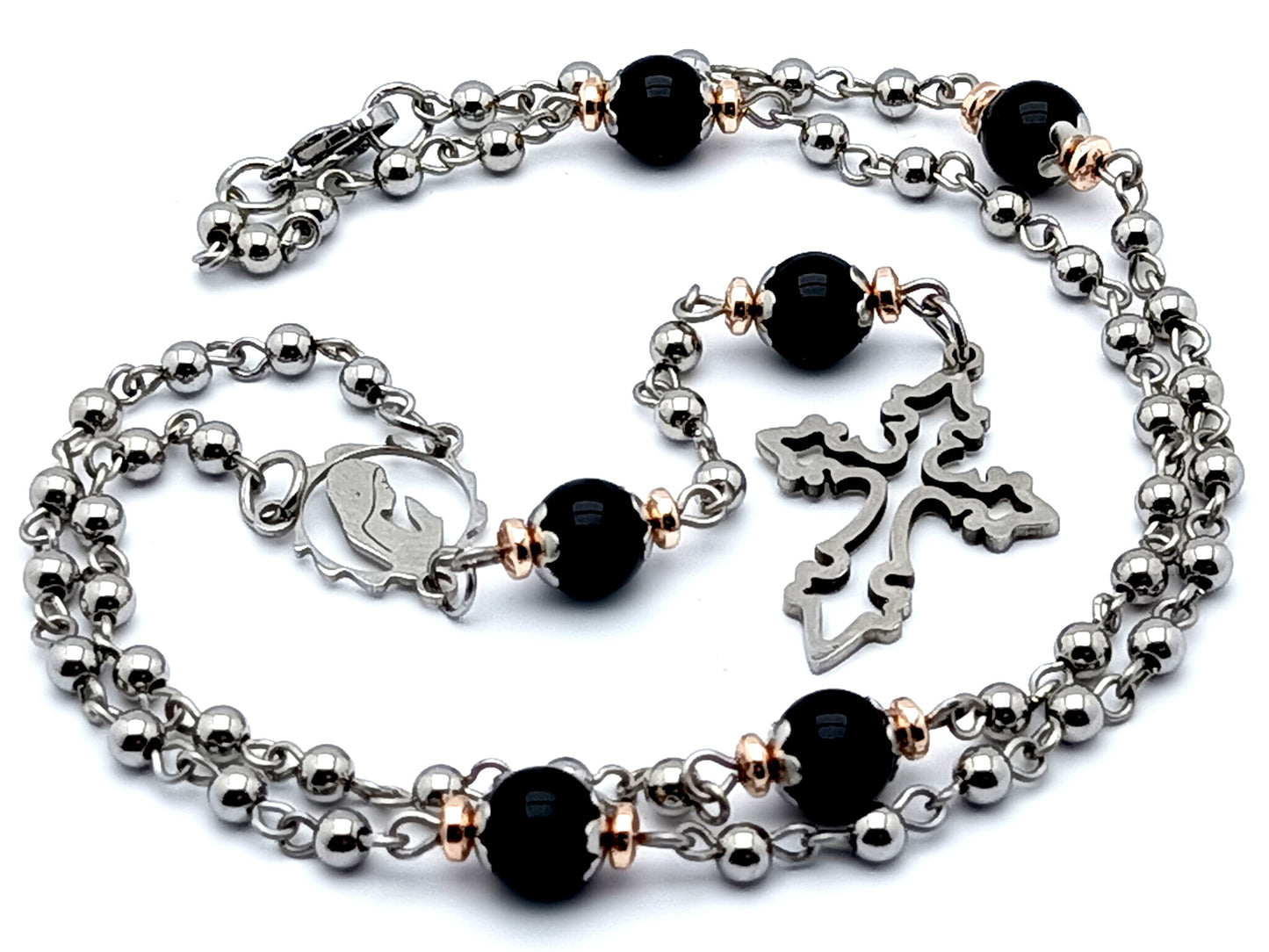 Virgin Mary stainless unique rosary beads steel rosary bead necklace with onyx and rose gold hematite gemstone Our Father beads and stainless steel cross.