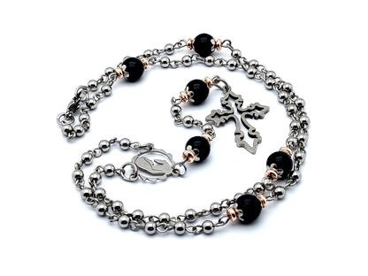 Virgin Mary stainless unique rosary beads steel rosary bead necklace with onyx and rose gold hematite gemstone Our Father beads and stainless steel cross.