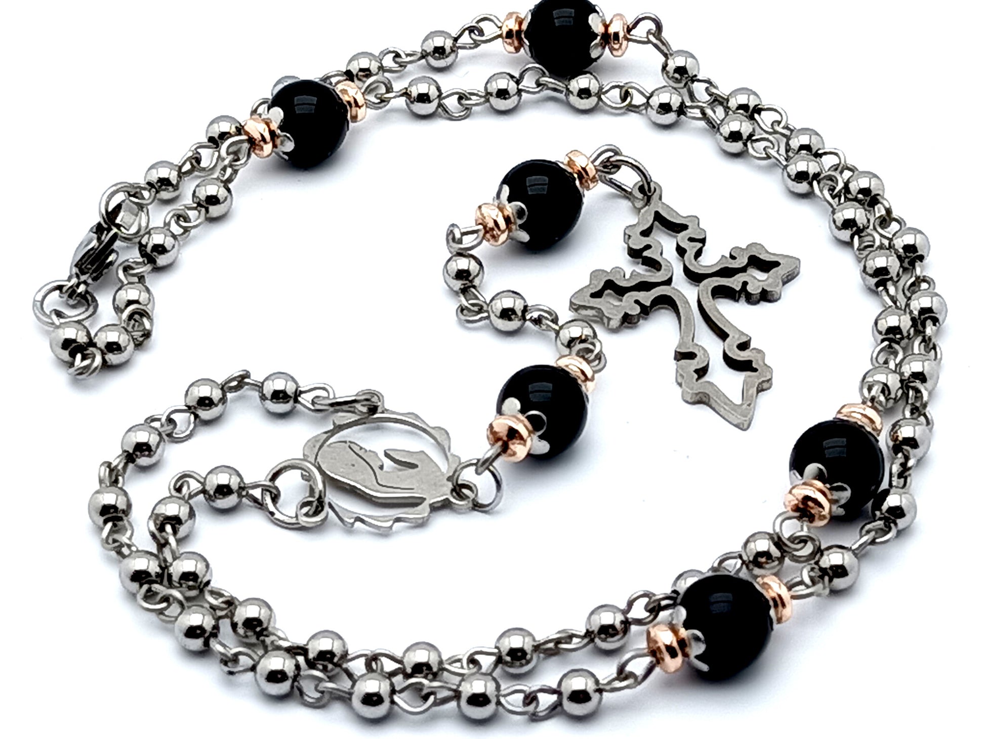 Virgin Mary stainless unique rosary beads steel rosary bead necklace with onyx and rose gold hematite gemstone Our Father beads and stainless steel cross.