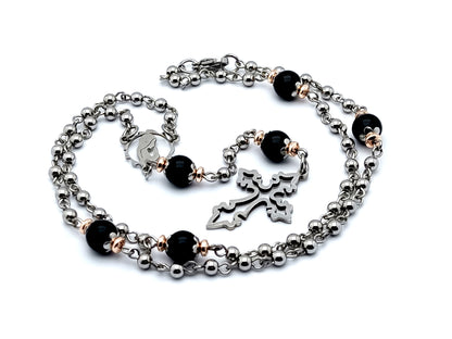 Virgin Mary stainless unique rosary beads steel rosary bead necklace with onyx and rose gold hematite gemstone Our Father beads and stainless steel cross.