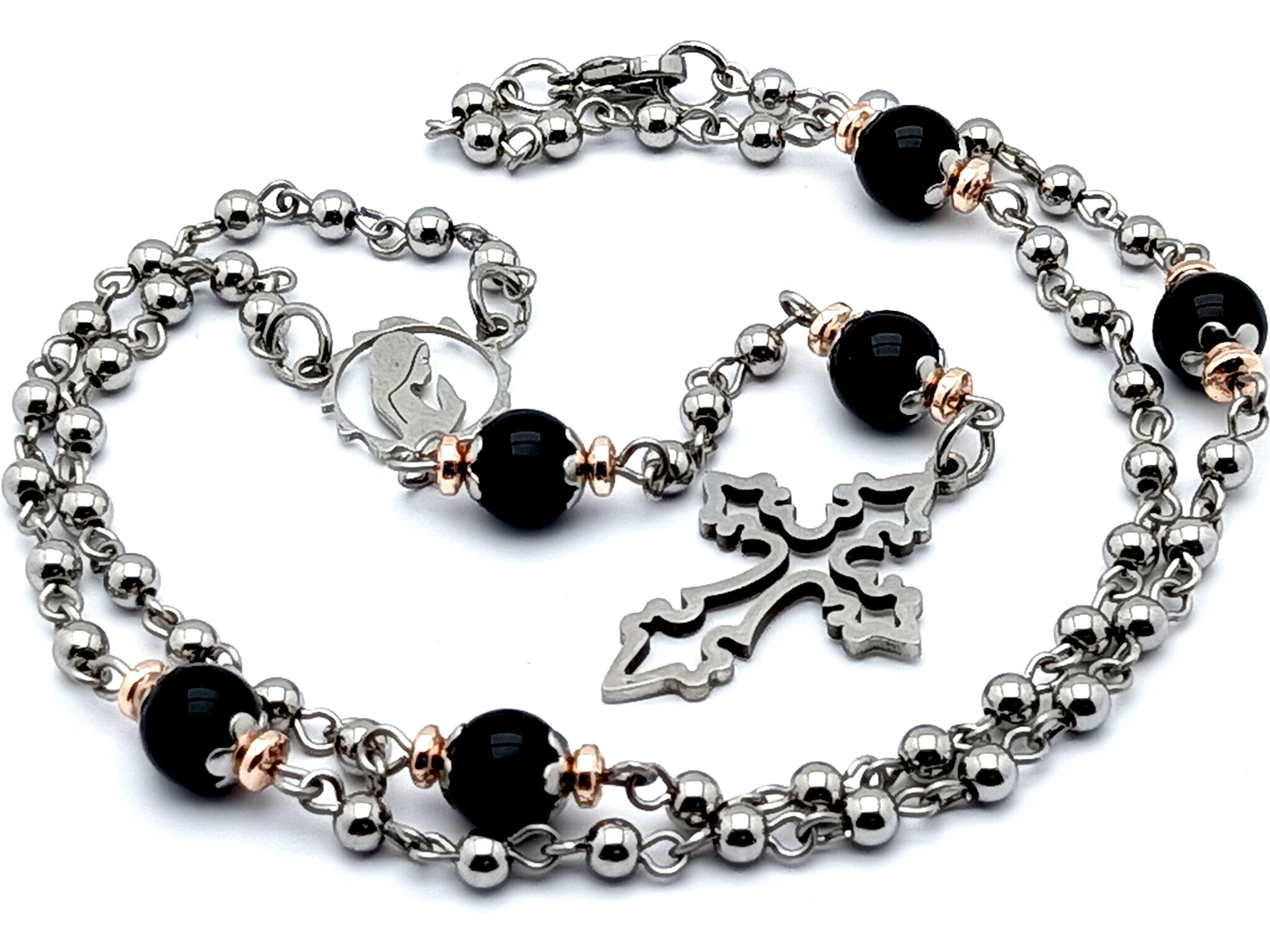 Virgin Mary stainless unique rosary beads steel rosary bead necklace with onyx and rose gold hematite gemstone Our Father beads and stainless steel cross.