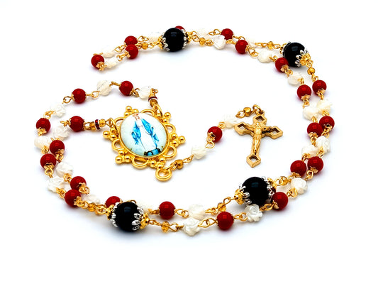 Unique rosary beads Mother of pearl and gemstone rosary necklace with gold Our Lady centre medal.