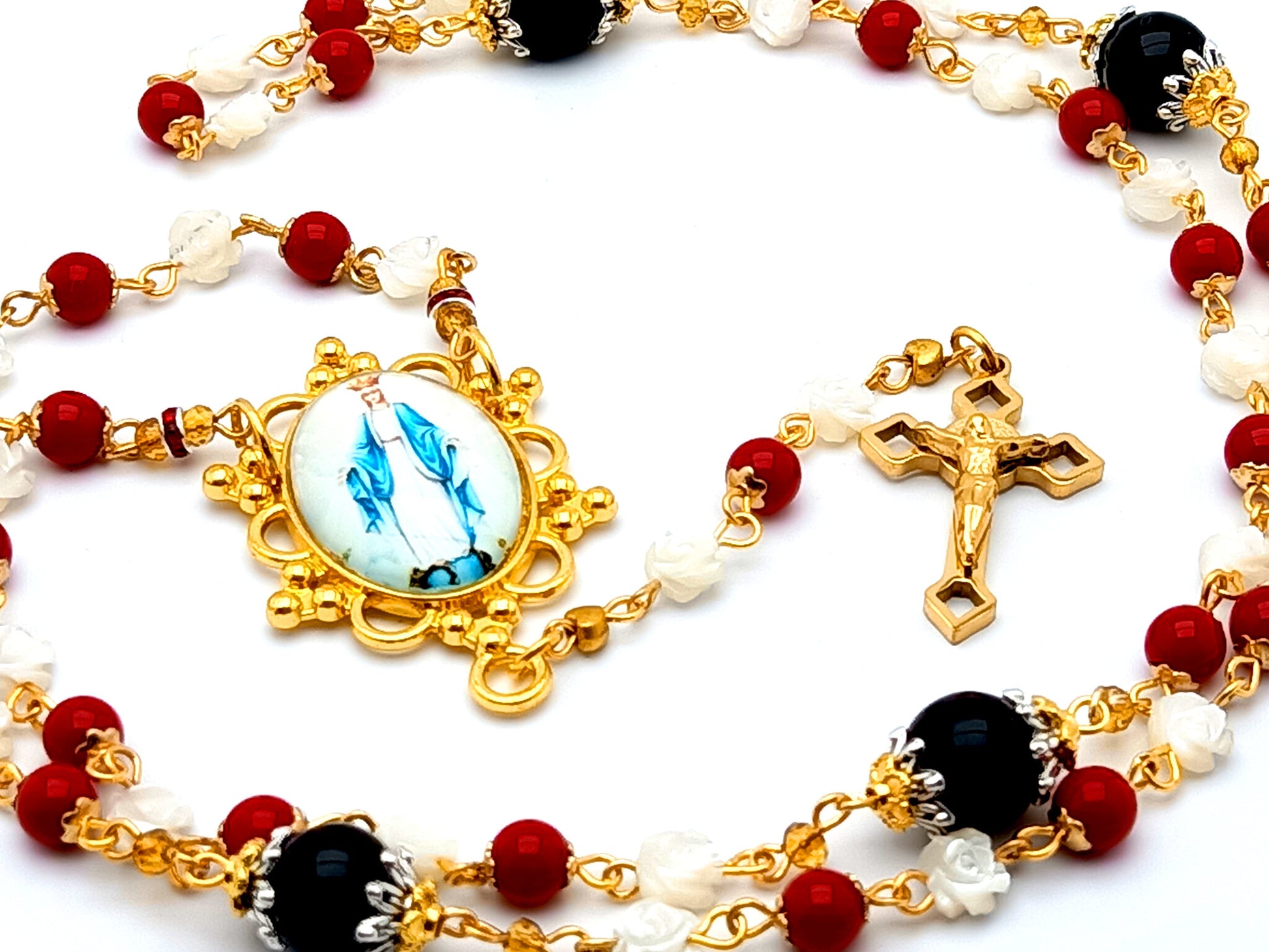 Unique rosary beads Mother of pearl and gemstone rosary necklace with gold Our Lady centre medal.