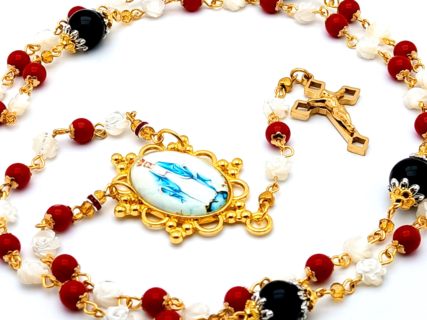 Unique rosary beads Mother of pearl and gemstone rosary necklace with gold Our Lady centre medal.