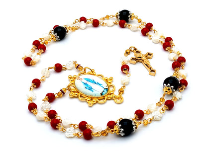 Unique rosary beads Mother of pearl and gemstone rosary necklace with gold Our Lady centre medal.