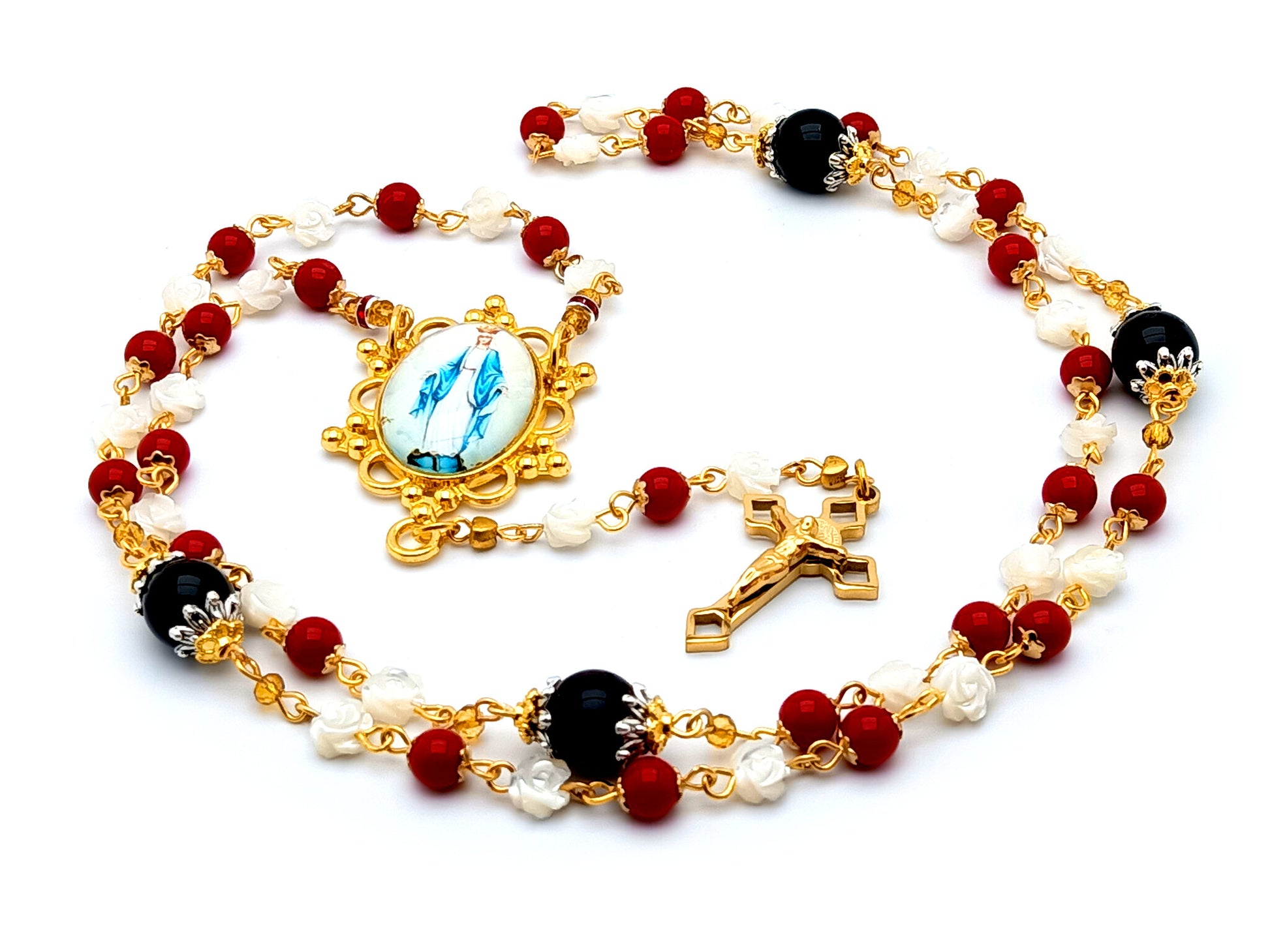 Unique rosary beads Mother of pearl and gemstone rosary necklace with gold Our Lady centre medal.