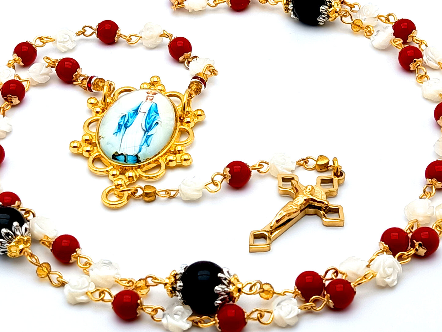 Unique rosary beads Mother of pearl and gemstone rosary necklace with gold Our Lady centre medal.