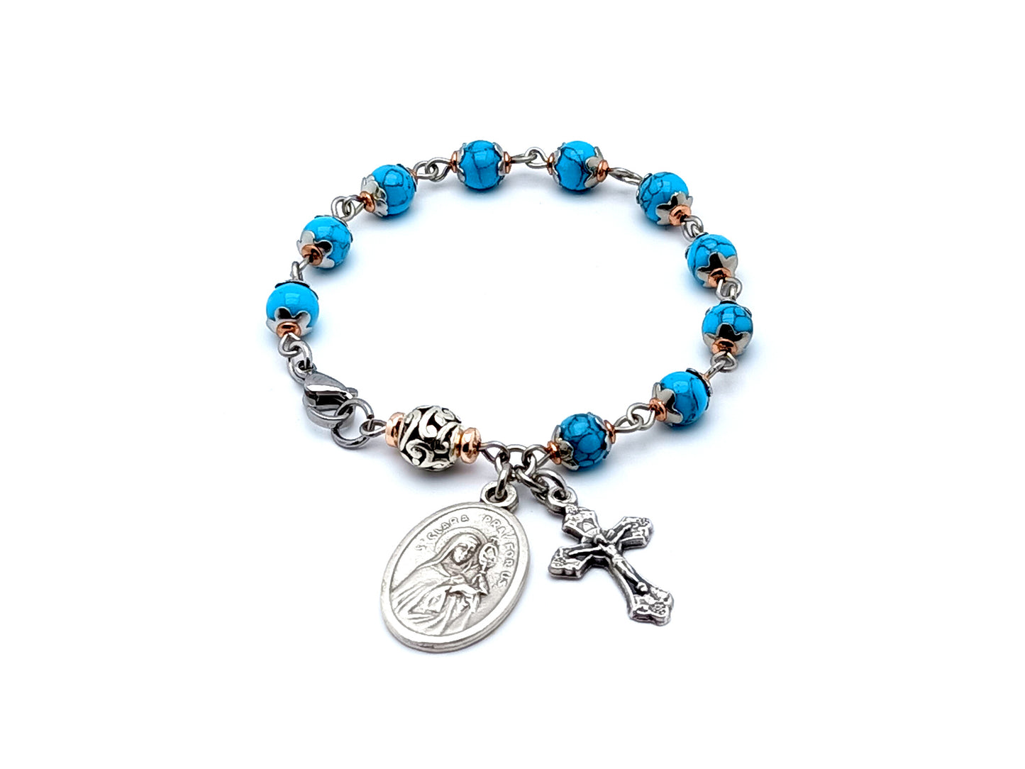 Saint Clare unique rosary beads single decade rosary bracelet with turquoise gemstone beads.