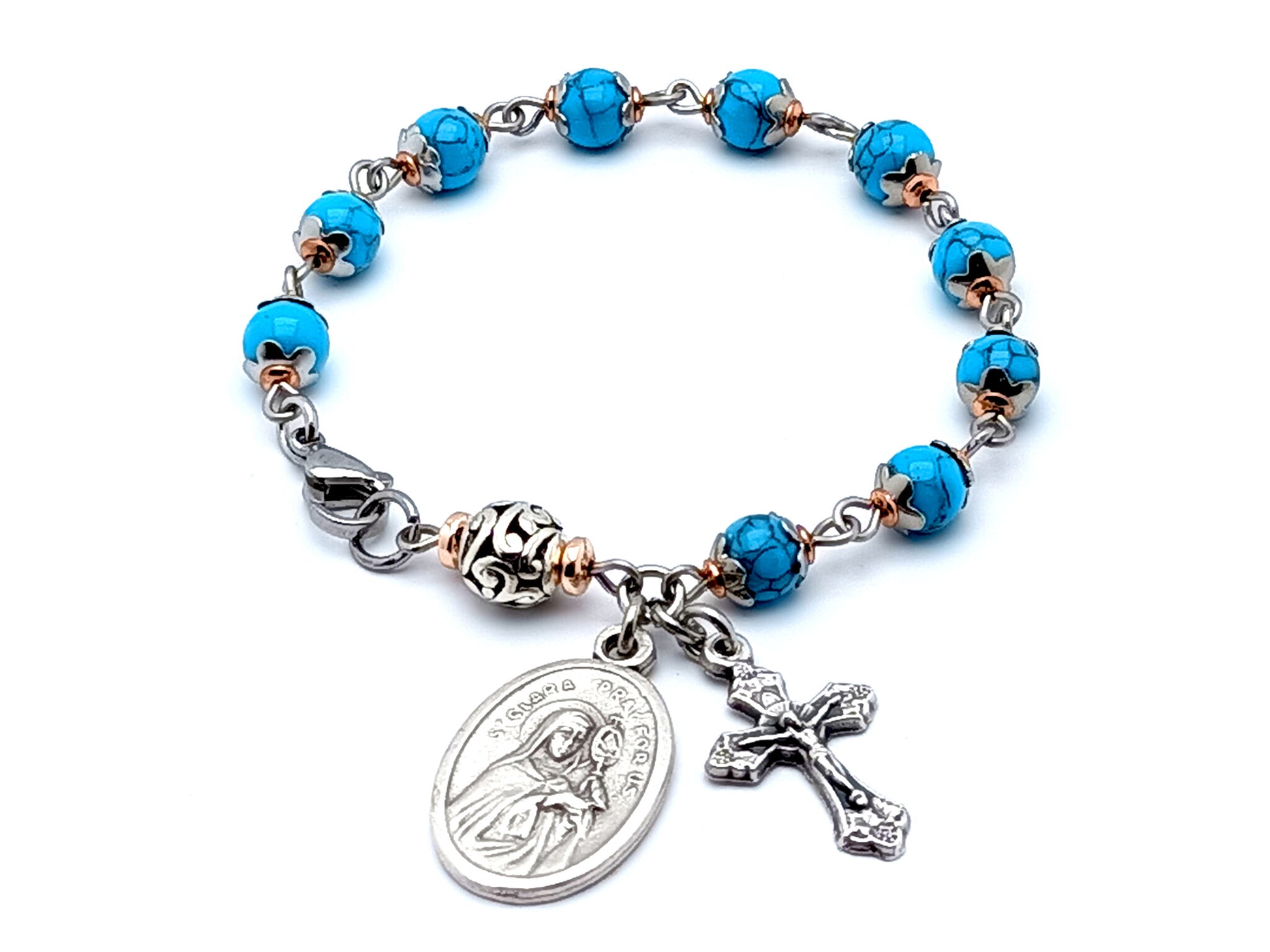 Saint Clare unique rosary beads single decade rosary bracelet with turquoise gemstone beads.