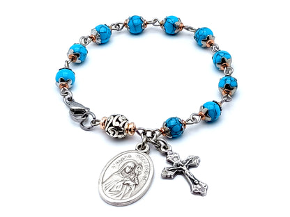 Saint Clare unique rosary beads single decade rosary bracelet with turquoise gemstone beads.