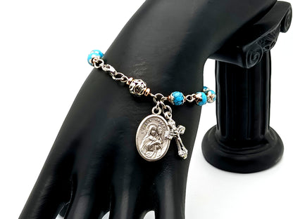 Saint Clare unique rosary beads single decade rosary bracelet with turquoise gemstone beads.