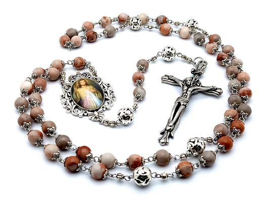 Divine Mercy unique rosary beads rhodonite gemstone rosary beads with Tibetan silver Our Father beads and large Stainless steel crucifix.