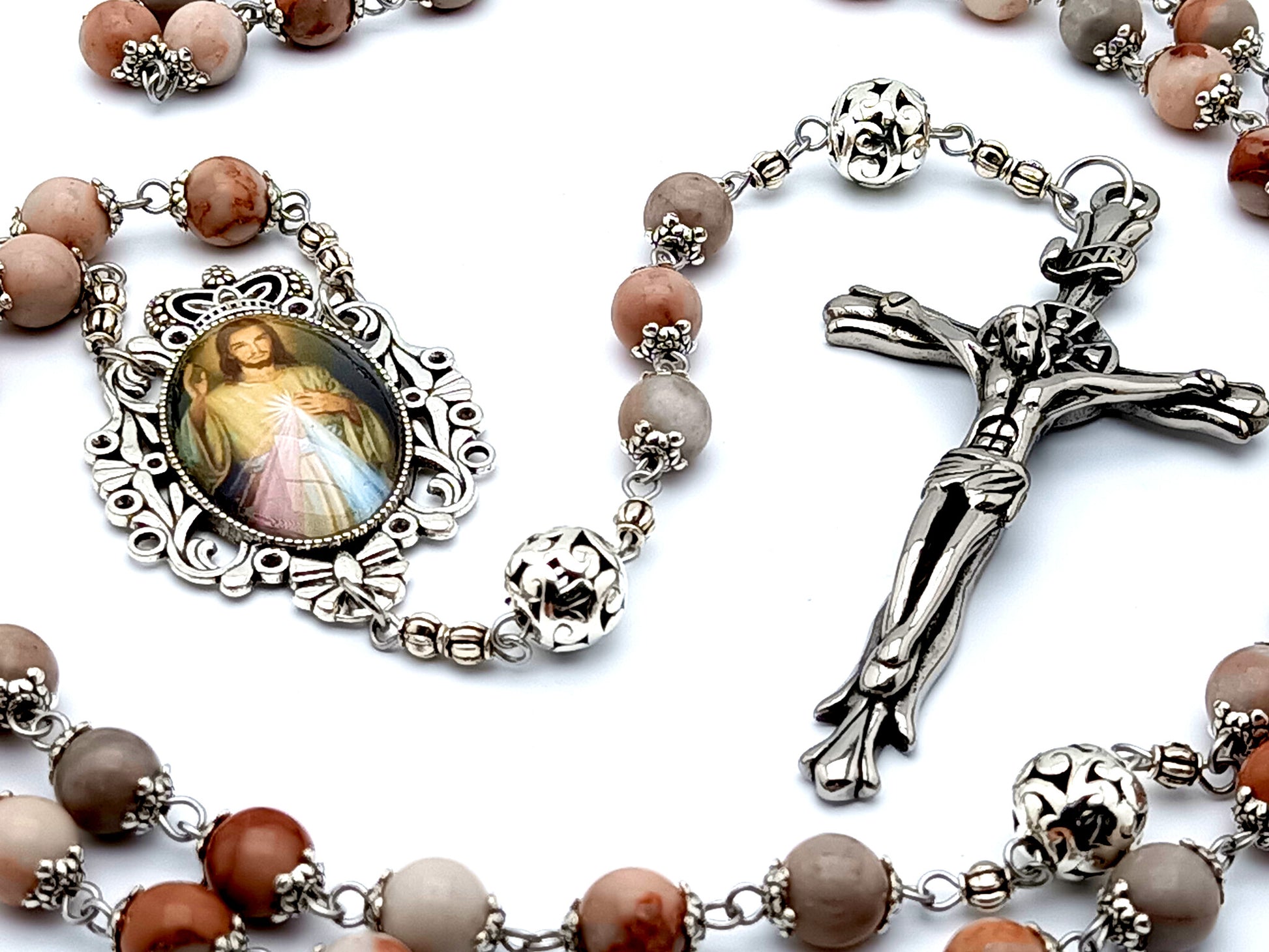 Divine Mercy unique rosary beads rhodonite gemstone rosary beads with Tibetan silver Our Father beads and large Stainless steel crucifix.