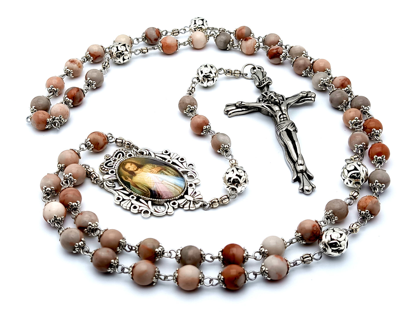 Divine Mercy unique rosary beads rhodonite gemstone rosary beads with Tibetan silver Our Father beads and large Stainless steel crucifix.