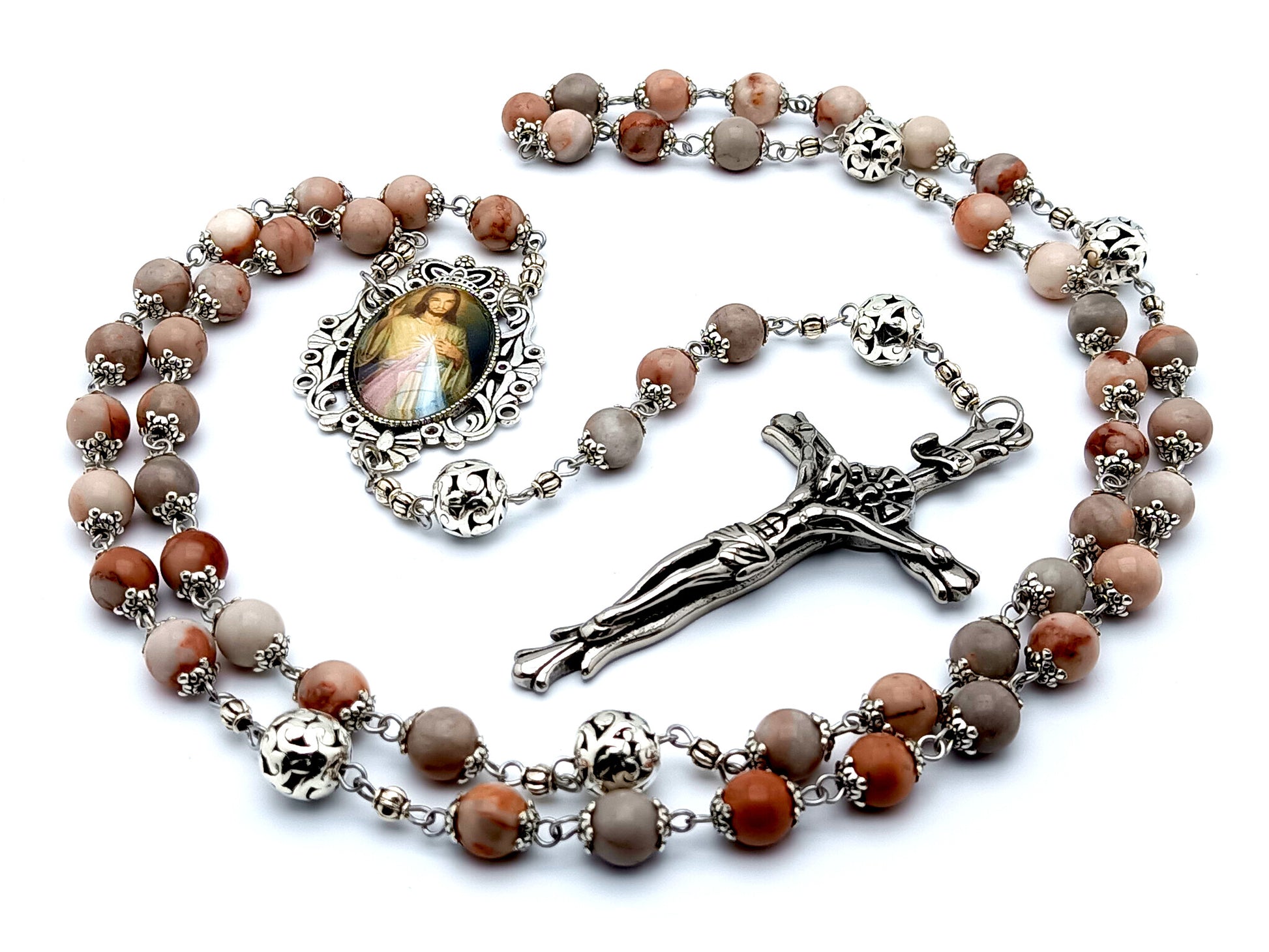 Divine Mercy unique rosary beads rhodonite gemstone rosary beads with Tibetan silver Our Father beads and large Stainless steel crucifix.