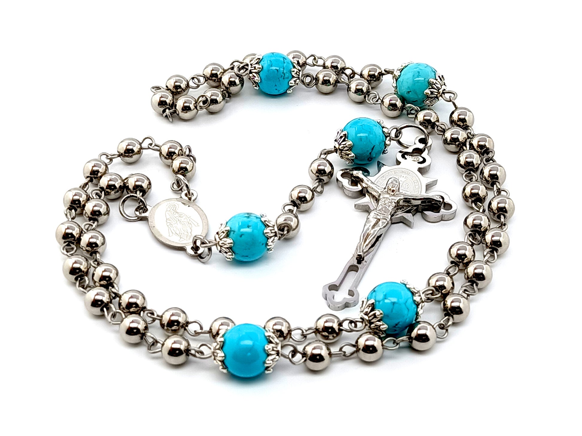 Our Lady of Grace unique rosary beads stainless steel and turquoise gemstone rosary beads with Saint Benedict stainless steel crucifix.