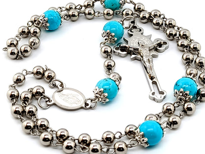 Our Lady of Grace unique rosary beads stainless steel and turquoise gemstone rosary beads with Saint Benedict stainless steel crucifix.