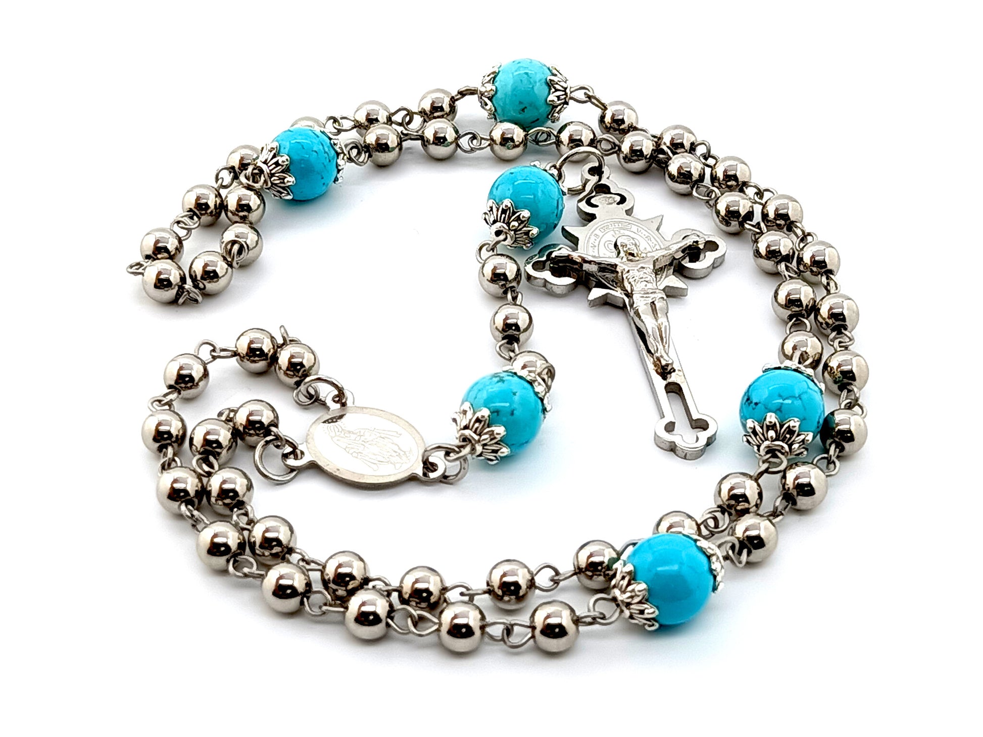 Our Lady of Grace unique rosary beads stainless steel and turquoise gemstone rosary beads with Saint Benedict stainless steel crucifix.