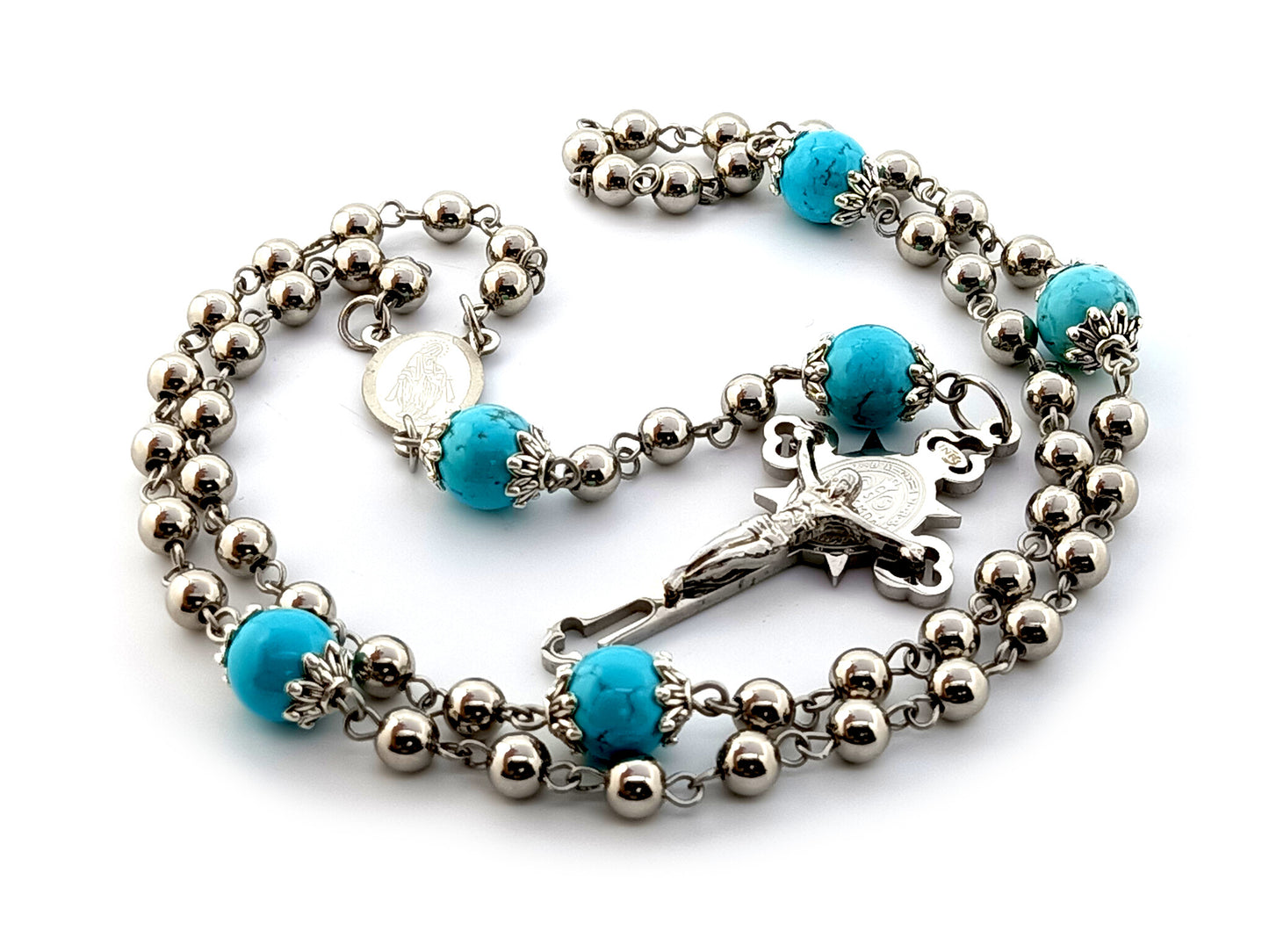 Our Lady of Grace unique rosary beads stainless steel and turquoise gemstone rosary beads with Saint Benedict stainless steel crucifix.