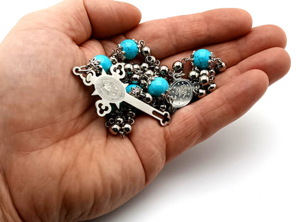 Our Lady of Grace unique rosary beads stainless steel and turquoise gemstone rosary beads with Saint Benedict stainless steel crucifix.