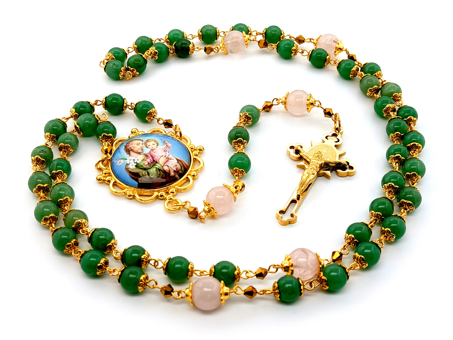 Saint Joseph unique rosary beads jade and rose quartz gemstone rosary beads with gold plated stainless steel Saint Benedict crucifix.