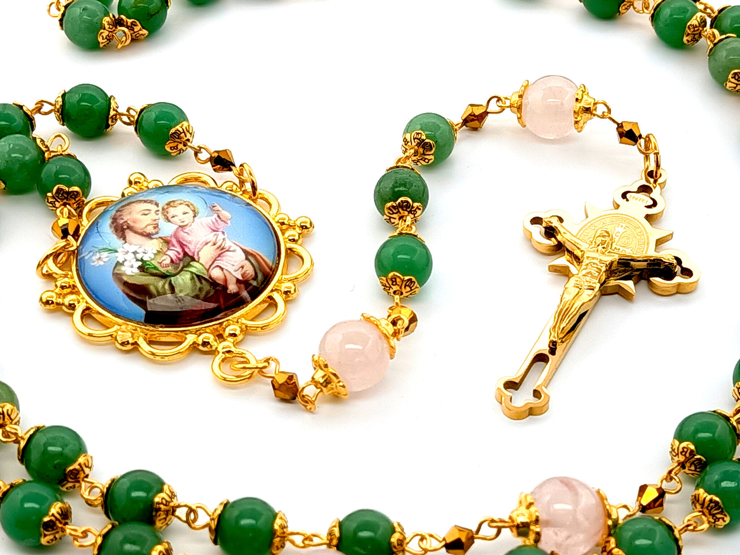 Saint Joseph unique rosary beads jade and rose quartz gemstone rosary beads with gold plated stainless steel Saint Benedict crucifix.